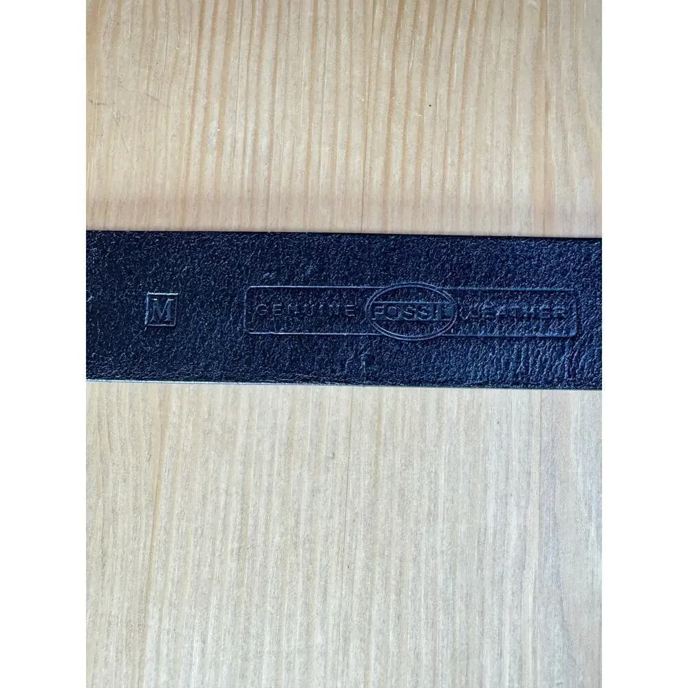 VTG 90s Y2K Mens Fossil Belt Black Leather Silver Hardware Medium 32-34